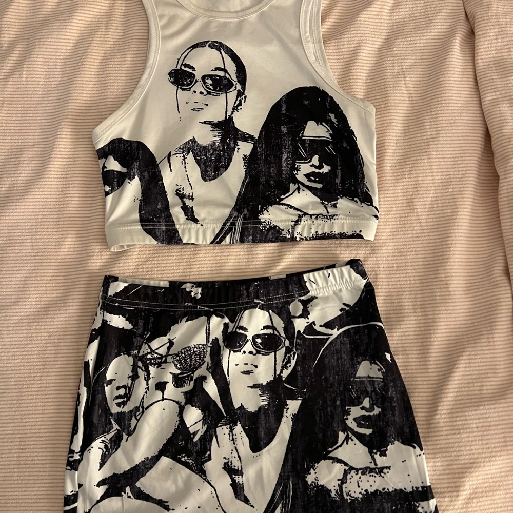 Black and White Graphic Crop Top and Skirt Set